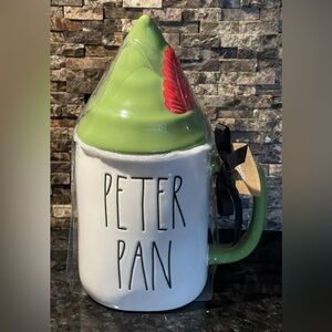 Rae Dunn Disney PETER PAN Ceramic Mug with White Base & Green Hat removable Lid